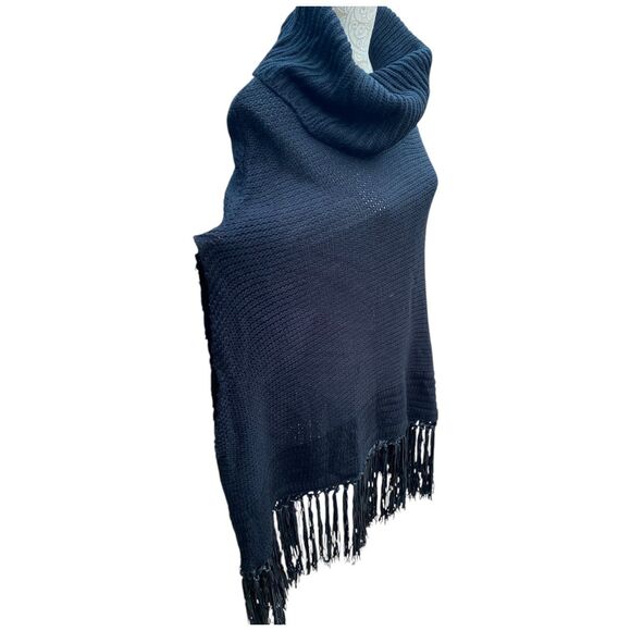 Ashley Stewart Black Faux Leather Trim Fringe Hem Knit Turtleneck Tunic/Poncho - Picture 3 of 12